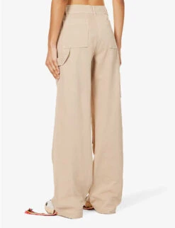 Palm Angels Bull Brand-patch Wide-leg Mid-rise Cotton Trousers -Sweaty Betty Store R04166267 BEIGEBEIGE ALT03
