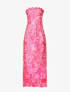 Floral-embroidered Corseted Woven Midi Dress