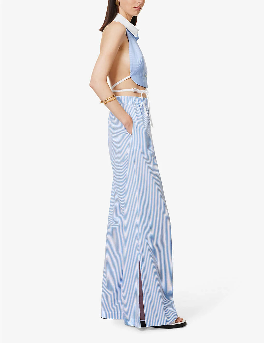 Striped Elasticated-waist Wide-leg Mid-rise Cotton Trousers 4 Striped Elasticated-waist Wide-leg Mid-rise Cotton Trousers - Image 2