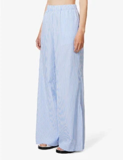 Striped Elasticated-waist Wide-leg Mid-rise Cotton Trousers 10 Striped Elasticated-waist Wide-leg Mid-rise Cotton Trousers -Sweaty Betty Store R04170817 BLUEWHITESTRIPE ALT02