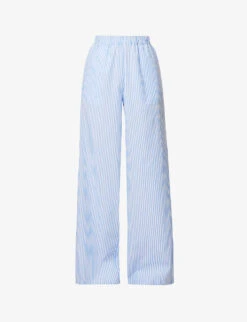 Striped Elasticated-waist Wide-leg Mid-rise Cotton Trousers