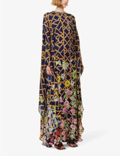 Floral-print Cape-sleeve Silk-crepe Kaftan Maxi Dress 8 Floral-print Cape-sleeve Silk-crepe Kaftan Maxi Dress -Sweaty Betty Store R04171627 MIDNIGHTLATTICE ALT02
