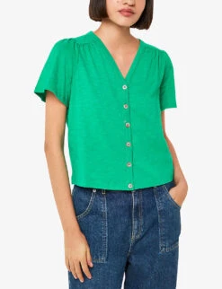 Whistles Maeve V-neck Button-down Cotton T-shirt -Sweaty Betty Store R04174111 GREEN ALT02