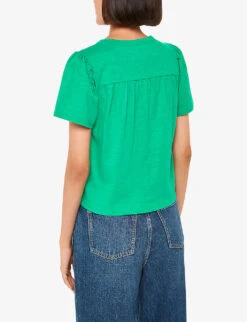 Whistles Maeve V-neck Button-down Cotton T-shirt -Sweaty Betty Store R04174111 GREEN ALT03