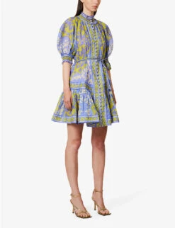 Zimmermann Raie High-neck Puff-sleeve Ramie Mini Dress -Sweaty Betty Store R04174601 TEALGREENFLORAL ALT02