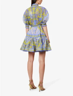 Zimmermann Raie High-neck Puff-sleeve Ramie Mini Dress -Sweaty Betty Store R04174601 TEALGREENFLORAL ALT03