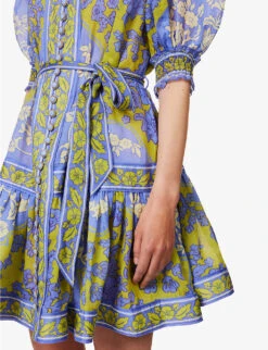 Zimmermann Raie High-neck Puff-sleeve Ramie Mini Dress -Sweaty Betty Store R04174601 TEALGREENFLORAL ALT04
