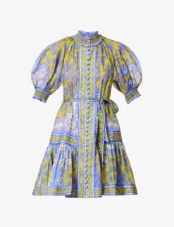 Zimmermann Raie High-neck Puff-sleeve Ramie Mini Dress