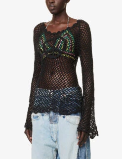 ERL Hand-crocheted Graphic-appliqué Organic-cotton Top -Sweaty Betty Store R04174682 BLACK ALT02