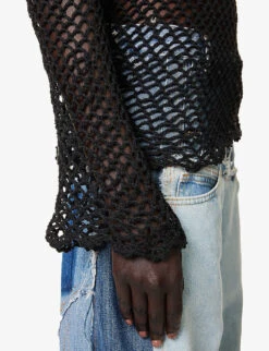 ERL Hand-crocheted Graphic-appliqué Organic-cotton Top -Sweaty Betty Store R04174682 BLACK ALT05