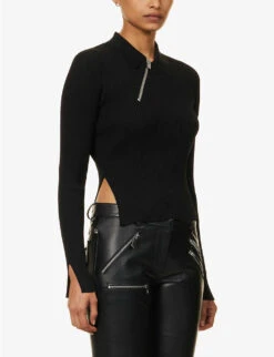 Arenaria Polo Split-hem Knitted Top -Sweaty Betty Store R04174796 BLACK ALT02