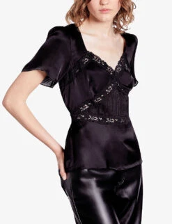 THE KOOPLES Lace-trim Short-sleeve Woven Top -Sweaty Betty Store R04187766 BLACK ALT02