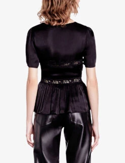 THE KOOPLES Lace-trim Short-sleeve Woven Top -Sweaty Betty Store R04187766 BLACK ALT03