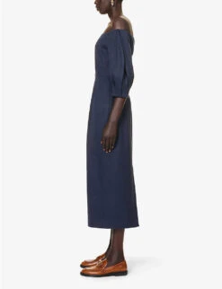 Majano Puff-sleeved Hemp And Cotton-blend Midi Dress 10 Majano Puff-sleeved Hemp And Cotton-blend Midi Dress -Sweaty Betty Store R04189131 DARKNAVY ALT02