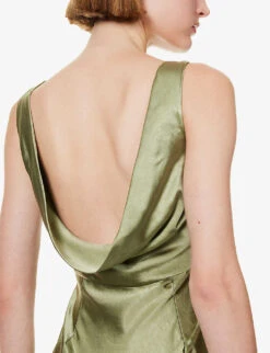 Cowl-back Sleeveless Satin Maxi Dress -Sweaty Betty Store R04189829 MOSSGREEN ALT04
