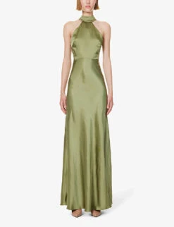 Halterneck Slim-fit Satin Maxi Dress 10 Halterneck Slim-fit Satin Maxi Dress -Sweaty Betty Store R04189846 MOSSGREEN ALT02