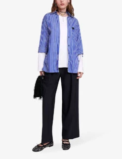 Maje Liago Logo-embroidered Stripe-pattern Layered Cotton T-shirt Shirt -Sweaty Betty Store R04190456 BLEUS ALT01