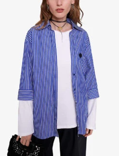 Maje Liago Logo-embroidered Stripe-pattern Layered Cotton T-shirt Shirt -Sweaty Betty Store R04190456 BLEUS ALT02