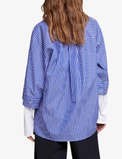 Maje Liago Logo-embroidered Stripe-pattern Layered Cotton T-shirt Shirt -Sweaty Betty Store R04190456 BLEUS ALT03