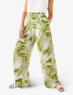 Palm-print Wide-leg High-rise Crepe-woven Trousers 8 Palm-print Wide-leg High-rise Crepe-woven Trousers -Sweaty Betty Store R04191961 GREEN ALT02