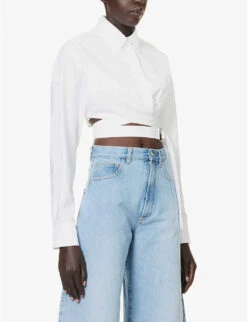 ALAIA Cross-over Cropped Cotton Shirt -Sweaty Betty Store R04196697 BLANC ALT02
