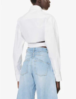 ALAIA Cross-over Cropped Cotton Shirt -Sweaty Betty Store R04196697 BLANC ALT03