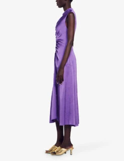 Sandro Titanic Ruched-bodice Sleeveless Satin Midi Dress -Sweaty Betty Store R04197708 VIOLETS ALT02