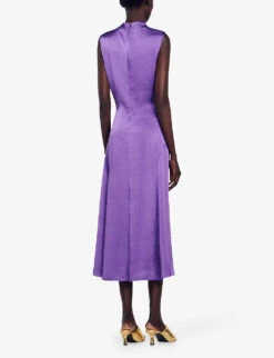 Sandro Titanic Ruched-bodice Sleeveless Satin Midi Dress -Sweaty Betty Store R04197708 VIOLETS ALT03