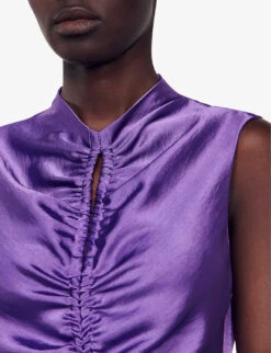 Sandro Titanic Ruched-bodice Sleeveless Satin Midi Dress -Sweaty Betty Store R04197708 VIOLETS ALT04
