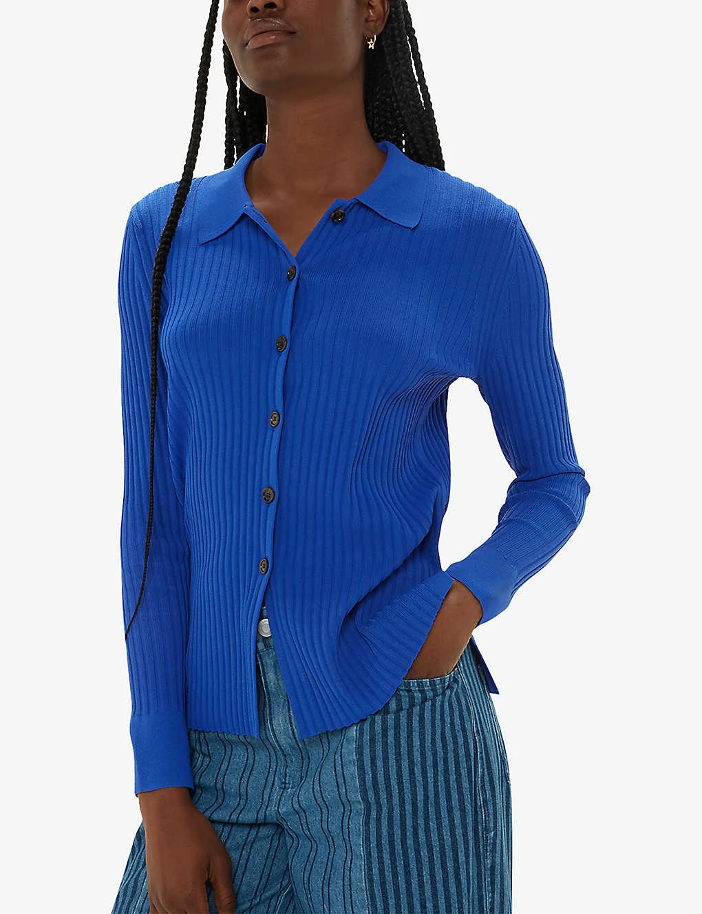 Whistles Collared Long-sleeve Ribbed Stretch-knit Shirt 5 Whistles Collared Long-sleeve Ribbed Stretch-knit Shirt - Image 3